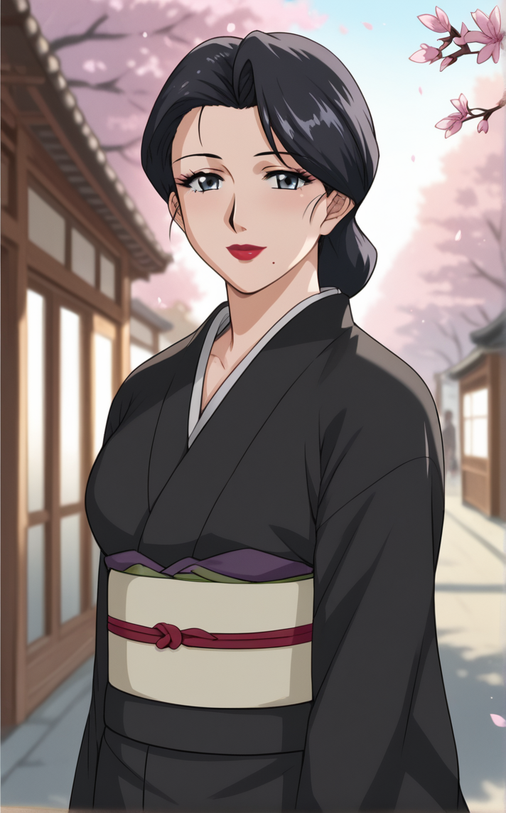 score_9, score_8_up, score_7_up, contrapposto, arms behind back, cowboy shot, looking at viewer, backlighting, light smile, light particles, blurry background, depth of field, bloom, spotlight, outdoors, street, cherry blossoms,  <lora:PONYXL_MistreatedBride_SumieTakayanagi_ownwaifu:1>, BREAK BlackKimono_SumieTakayanagi_ownwaifu, 1girl, black hair, black kimono, breasts, grey eyes, japanese clothes, lipstick, makeup, mature female, mole under mouth, red lips, short hair, single hair bun, eyelashes, sash, hair up, large breasts, lips, long sleeves, obi, <lora:add-detail-xl:0.15>,