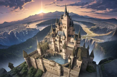 scenery, landscape, panorama, mountains, night, castle, waterfall, from above