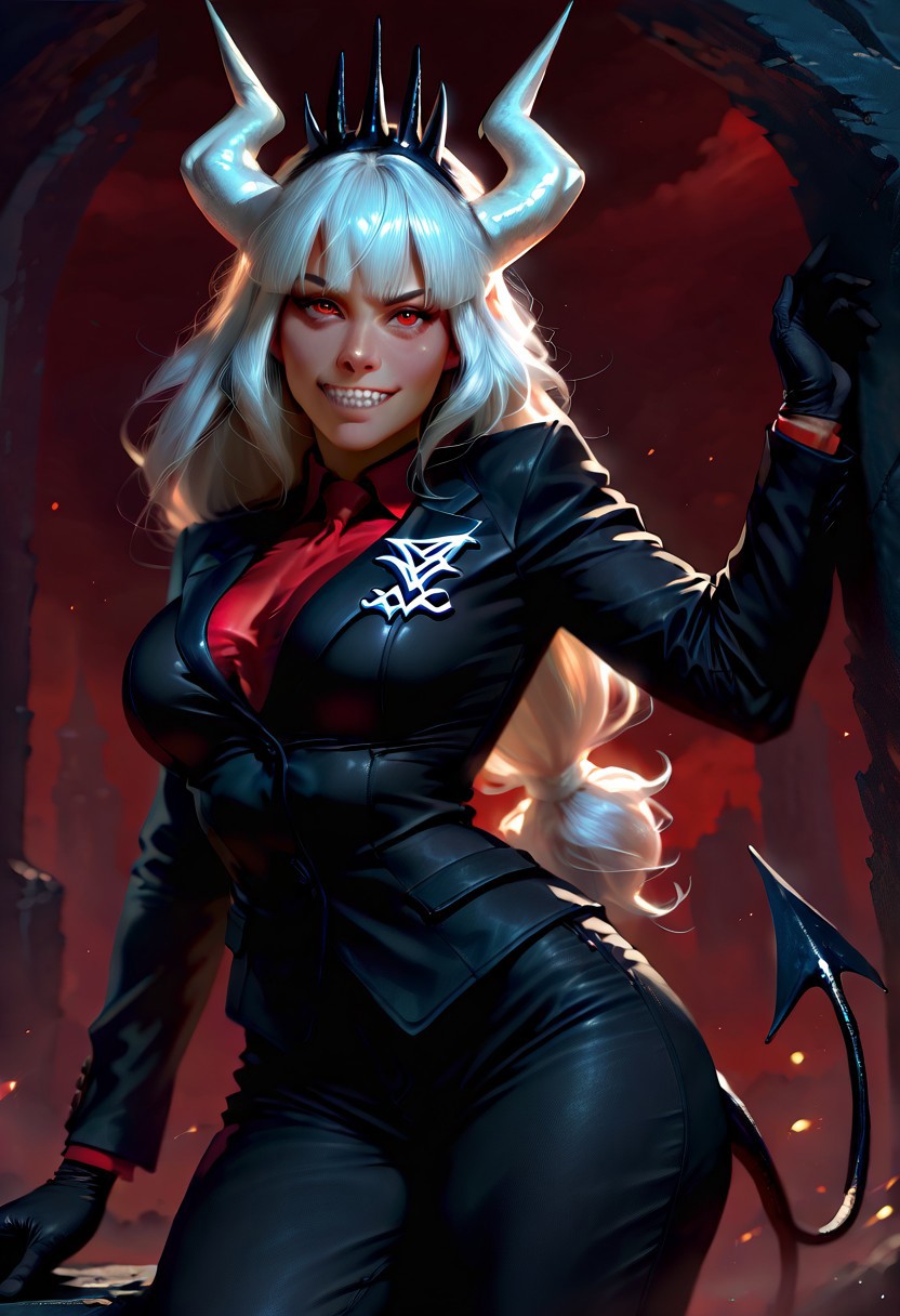 best quality, masterpiece, tixnenstyleIL-V1.0, semi-realistic, 1girl, solo, lucifer \(helltaker\), black suit, red necktie, black collared shirt, black gloves, blunt bangs, demon horns, demon girl, demon tail, sharp teeth, red eyes, white hair, long hair