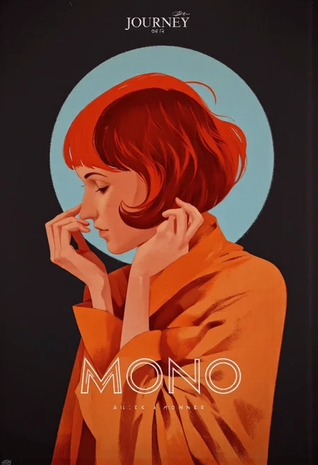 Cinematic photo. A minimalist movie poster featuring a stylized silhouette of a woman with short, red hair against a dark background with a large, light blue circle behind her. the woman is positioned in the middle of the image, facing the viewer with a contemplative expression. she is wearing an orange shawl that is draped over her shoulders, and her hair is styled in a bob cut. her eyes are closed, and she appears to be looking off into the distance. the style is minimalistic with a focus on the woman's face and upper body. the background is a solid black color, and at the top of the poster, the word "MONO" is written in bold white letters, along with the artist's signature "journey" and the year "04/14". the overall aesthetic is reminiscent of a minimal movie poster, with bold lines and a minimalist design.
