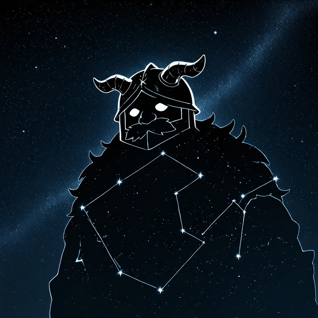 masterpiece, best quality, newest, absurdres, highres, anime, anime style, LSCV1.0, constellation, star (sky), starry sky, night sky, night, starry sky, no humans, silhouette, monochrome, 
Senshi \(dungeon_meshi\), dwarf, helmet, horns, horned helmet, fake horns,
