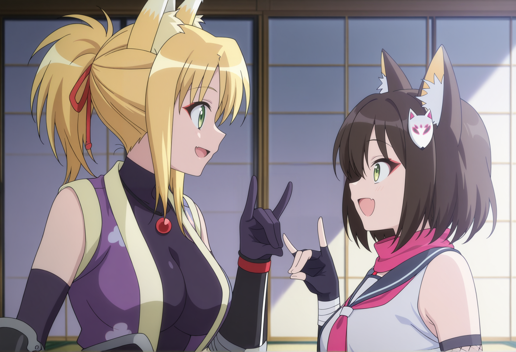 anime coloring, anime screenshot,2girls, fox shadow puppet, indoors, tatami, sliding doors, 1girl, long hair, blonde hair, green eyes, ponytail, fox ears, necklace, ninja, sleeveless, japanese clothes, bodysuit under clothes, elbow gloves, gauntlets, smile, open mouth <lora:yukikaze_dd:1> looking at another, 
BREAK
anime coloring, anime screenshot,2girls, fox shadow puppet, indoors, tatami, sliding doors, 1girl, izuna \(blue archive\), smile, open mouth, looking at another,, masterpiece, best quality, amazing quality, very aesthetic, absurdres, highres, newest