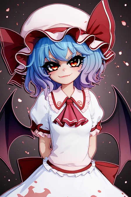 score_9, score_8_up, score_8, medium breasts, (curvy), cute, eyelashes, BREAK, , zzRemilia, red eyes, blue hair, short hair, hat, ribbon, pink dress, wings, ascot, hat ribbon, bat wings, short sleeves, frills, puffy sleeves, smile, smug, <lora:Remilia_Touhou_PDXL:0.8>, BREAK, smile, closed mouth, hands behind back, head tilt, looking at viewer, cowboy shot, ,,, embedding:zPDXL, Expressiveh, ,,, <lora:MantisStyle_PDXL_v2:0.8>, <lora:SDXLFaeTastic2400:0.5>, <lora:Expressive_H-000001:0.4>,