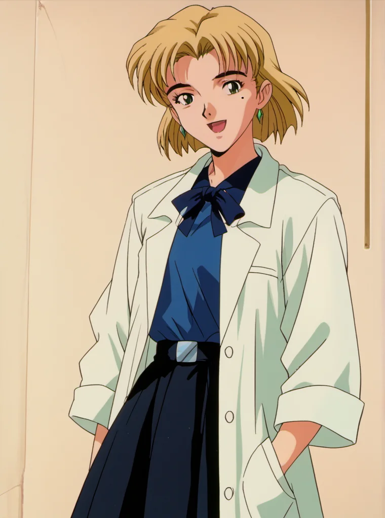 1girl, solo, rits4, blonde hair, short hair, green eyes, smile, green eyes, lab coat, blue shirt, black skirt, open smile, mole under right eye, mole, jewellery, earrings, ribbon, young, full body, retro artstyle, 1990s \(style\), <lora:rits4:1>,