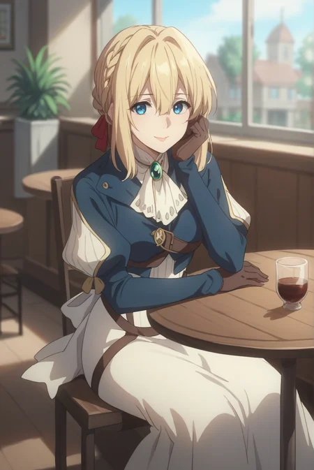 score_9, score_8_up, score_7_up, score_6_up, score_5_up, score_4_up, BREAK source_anime, 1girl, solo,
<lora:VioletEvergardenXL-v1-07:0.6>, ChopioViolet, blonde hair, medium hair, hair ribbon, red ribbon, hair between eyes, blue eyes, looking at viewer,
braid, mature female,
outfit_1, blue jacket, cropped jacket, brooch, white ascot, white dress, chest strap, juliet sleeves, puffy shoulder long sleeves, brown gloves, ruffles,
high heel boots, brown footwear,
cafe, window, potted plant, table, head rest,
sitting, smile,