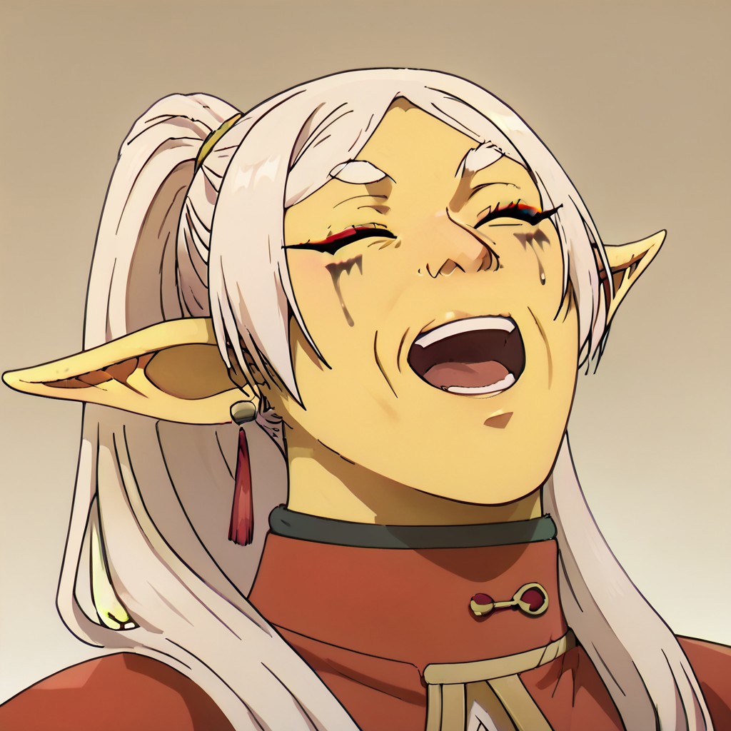 score_9, score_8_up, score_7_up masterpiece, best quality, newest, absurdres, highres, JJJlaughV1.1 laugh, head leaning back, open mouth, closed eyes, head leaned back, leaned back, 1girl, asian, asian female, elf, elf girl, pointy ears, long hair, yellow skin, blonde hair, golden colored skin, kimono, red kimono, ponytail long ponytail, high taied ponytail, makeup, mascara,
