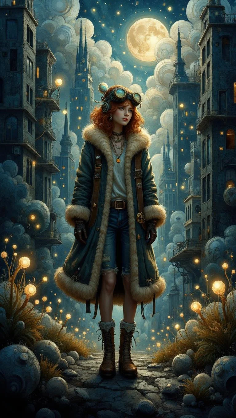 <lora:ck-swirlycircles-000015.safetensors:1> digital artwork in the style of ck-swc
In the dim light of a twilight that seems to stretch endlessly, Amélie stands at the threshold of a world that defies the natural order. The air is thick with the scent of something both familiar and alien, a blend of earth and synthetic materials. She wears a fur-lined coat, its fluffy texture a stark contrast to the cold, metallic structures that loom in the background. Her wavy auburn hair is partially hidden by a steampunk-inspired headpiece, adorned with large circular goggles and an array of intricate pendants and rings.
The desolate urban landscape is bathed in a muted palette of blues and grays, the remnants of human civilization seeming almost demonic in their decay. The buildings, once towering and proud, now stand as hollow shells, their windows like unseeing eyes. Glowing orbs float around Amélie, casting an eerie, ethereal light that illuminates the twisted life forms that have taken root in this new world. Bio-luminescent plants, their tendrils reaching out like ghostly fingers, emit a soft, almost hypnotic glow. Genetically enhanced creatures, their shapes shifted and distorted, move with a deliberate slowness, their eyes seeming to follow Amélie’s every movement.
Amélie’s posture is one of cautious curiosity. Her feet are firmly planted on the ground, but her body leans slightly forward, as if drawn by an unseen force. The light around her, a mix of natural and artificial, seems to reflect her internal struggle. She stands at the edge of a profound revelation, the weight of which is palpable in the air. The surreal, genetically altered elements around her mirror her dawning realization of a new purpose, a sense of belonging in this strange, engineered world.
As she takes a deep breath, the atmosphere shifts, the tension easing into a more thrilling and transformative state. The glowing orbs pulse in sync with her heartbeat, and the creatures in the shadows seem to acknowledge her presence. The desolate landscape, once a symbol of decay, now holds a promise of something greater, a new beginning that Amélie is ready to embrace.