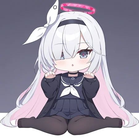 plana\(blue archive\),plana (blue archive),
(chibi:1.5),1girl,solo,
masterpiece,best quality,
halo,grey eyes,red pupils,black school uniform,pantyhose,serafuku,black skirt,neckerchief,claw_pose,pantyhose,wariza,<lora:plana_(blue_archive)-delta-lokr:1>,