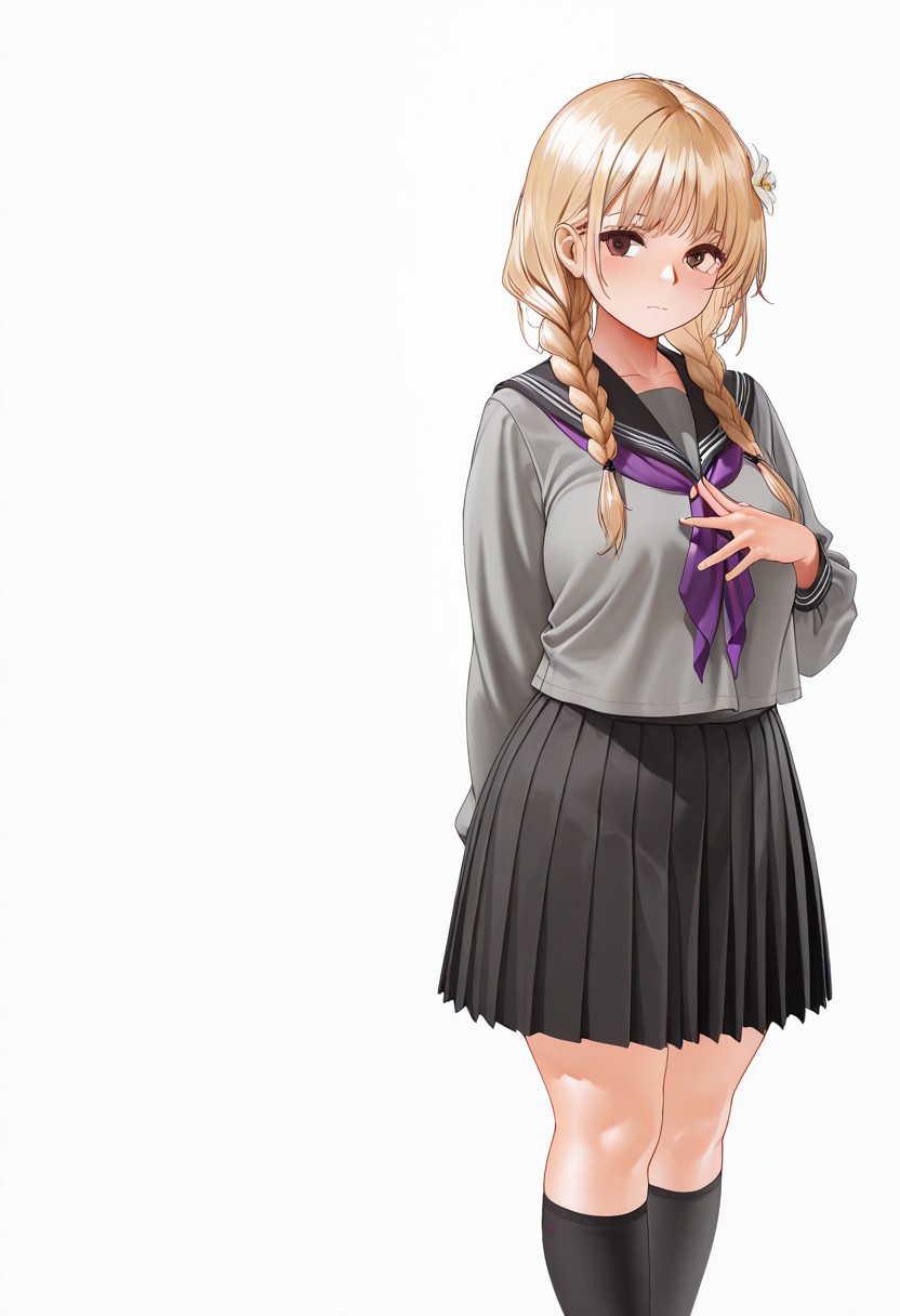 masterpiece, best quality, very aesthetic, absurdres, 
1girl, full_body, solo, vanillaware, brown_eyes, blonde_hair, long_hair, bangs, low_twin_braids, hair_flower, hair_tie, hair_over_shoulder, plump, school_uniform, serafuku, purple_neckerchief, blouse, grey_shirt, black_sailor_collar, long_sleeves, black_skirt, pleated_skirt, kneehighs, black_socks, loafers, brown_footwear, closed_mouth, looking_at_viewer, looking_to_the_side, standing, arm_behind_back, interlocked_fingers, own_hands_together, steepled_fingers, simple_background, white_background, 
az-ys-il