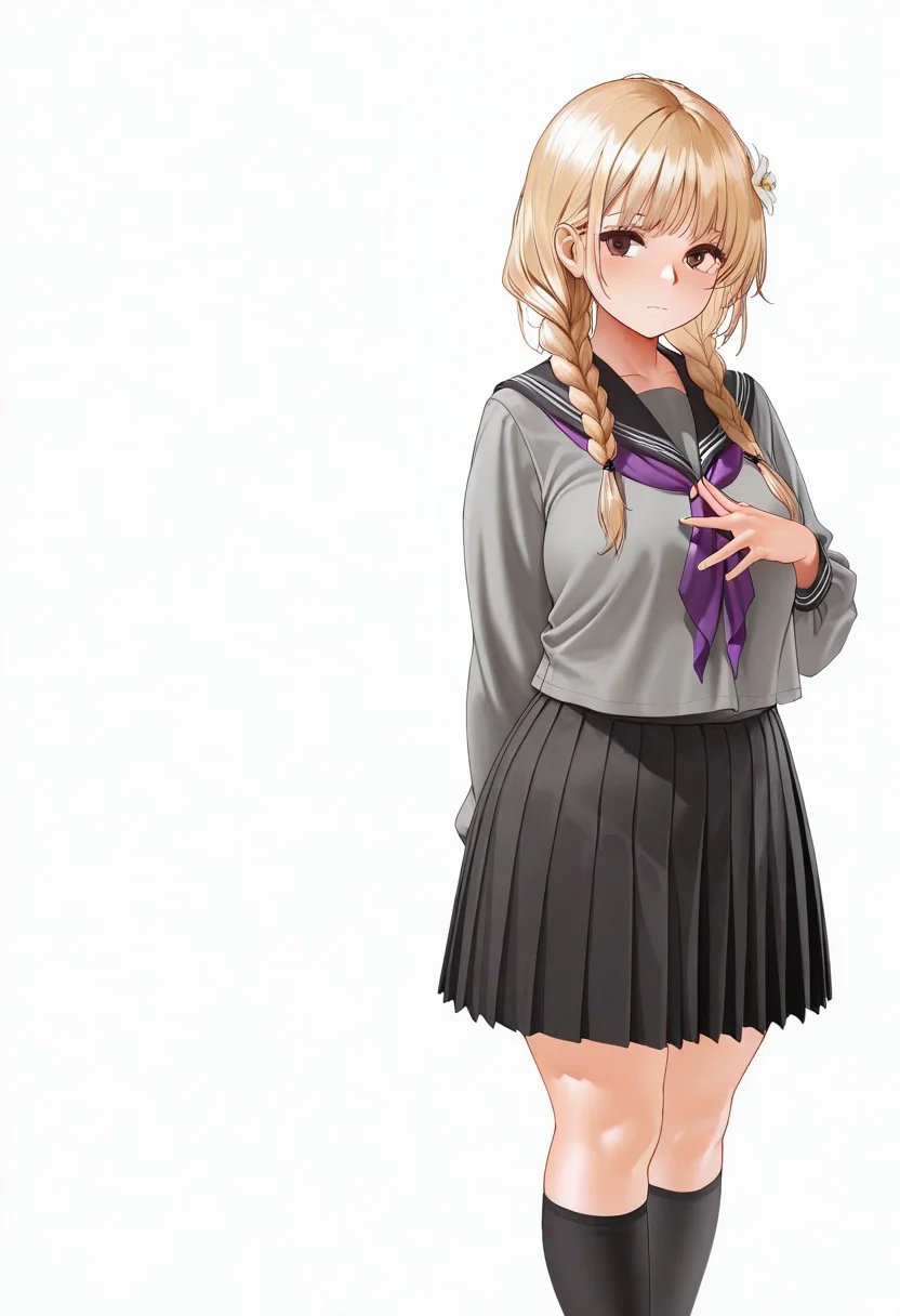 masterpiece, best quality, very aesthetic, absurdres,
1girl, full_body, solo, vanillaware, brown_eyes, blonde_hair, long_hair, bangs, low_twin_braids, hair_flower, hair_tie, hair_over_shoulder, plump, school_uniform, serafuku, purple_neckerchief, blouse, grey_shirt, black_sailor_collar, long_sleeves, black_skirt, pleated_skirt, kneehighs, black_socks, loafers, brown_footwear, closed_mouth, looking_at_viewer, looking_to_the_side, standing, arm_behind_back, interlocked_fingers, own_hands_together, steepled_fingers, simple_background, white_background,
az-ys-il