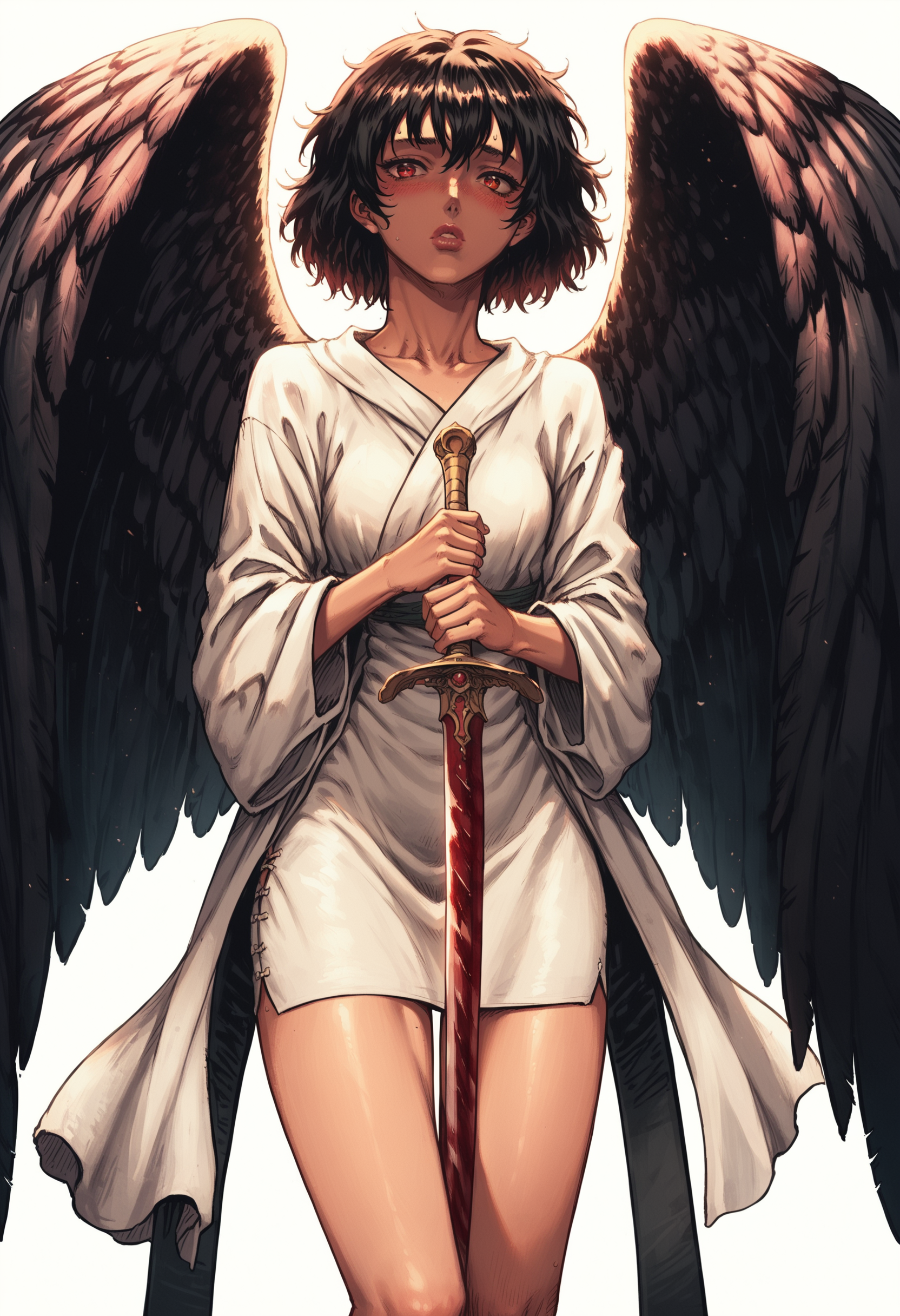 score_9, score_8_up, score_7_up,  monster girl, standing, bird girl, black feathers, black scales, 1girl, petite, delicate and smooth skin, blush, perfect body, thighs, highly detailed, glossy lips, feathered wings, red theme, white robe, holding a giant sword   <lora:b3rs3rkstylev1SDXLpony1:1> b3rs3rkstyle