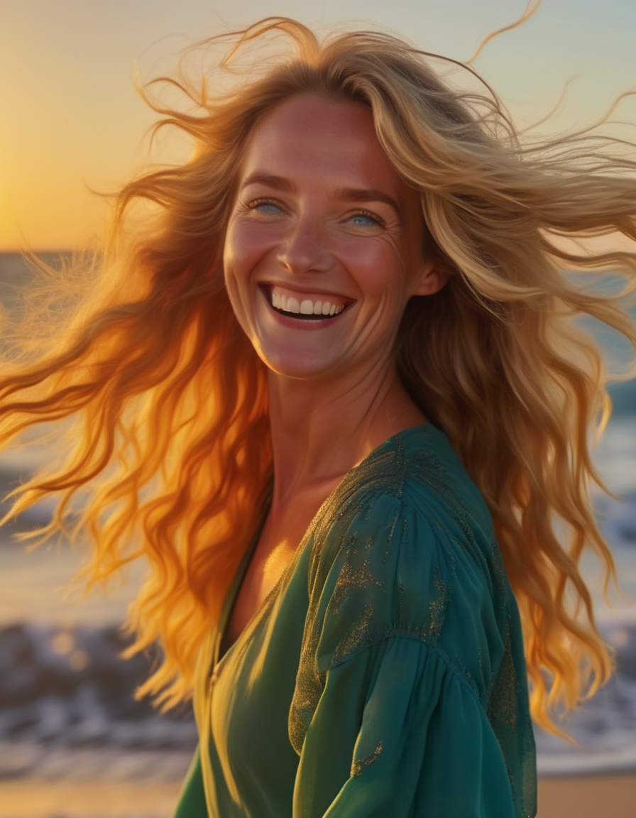A woman with long, flowing golden blonde hair, her blue-green eyes sparkling with joy. Sheâs standing on a beach at sunset, the wind catching her hair and the waves gently lapping at her feet, her laughter echoing in the warm evening air. <lora:usual-portrait-v2:1>