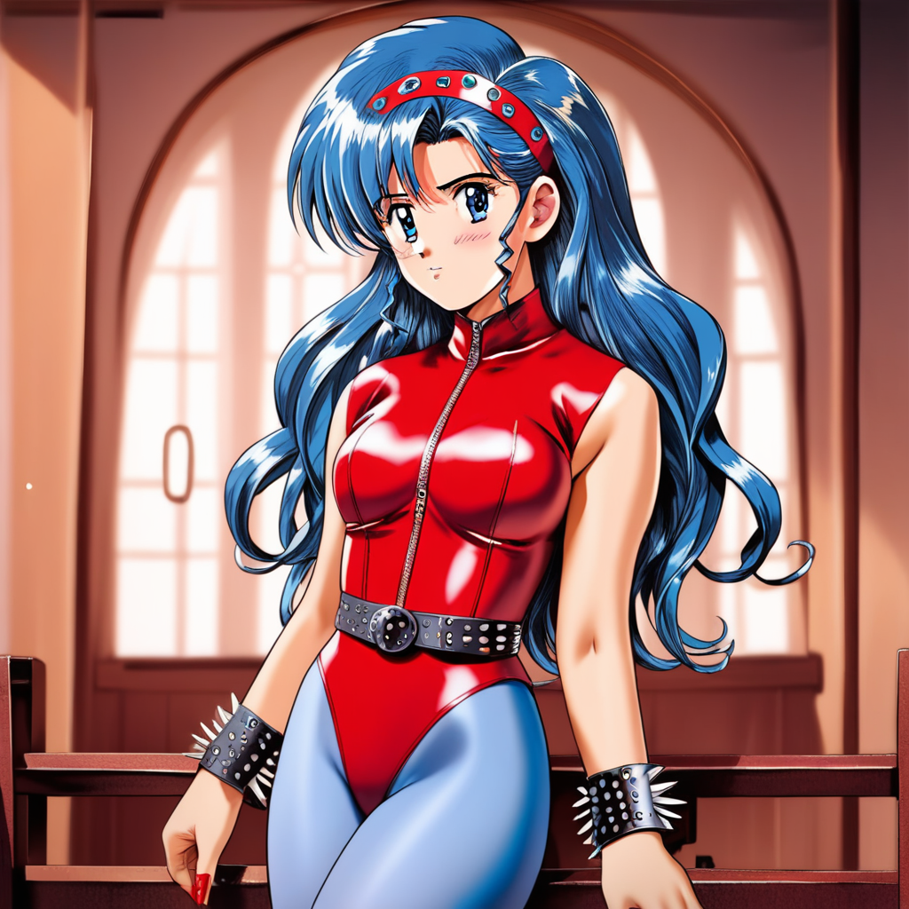 source_anime, ANG3L4B3LT1,((score_9)),score_8_up,score_7_up,score_6_up,score_5_up,score_4_up, retro_artstyle, anime style, 1woman, long hair, flowing hair, wavy hair, sidelocks, blue hair, blue eyes, hairband, red leotard, leather, belt, spiked bracelets, blue pantyhose, thong_leotard, red boots, studded, zipper, red_nails,tall, blushing, looking at viewer, facing viewer, masterpiece, best quality, highres, best illumination, depth of field, Artist artist style:Urushihara Satoshi