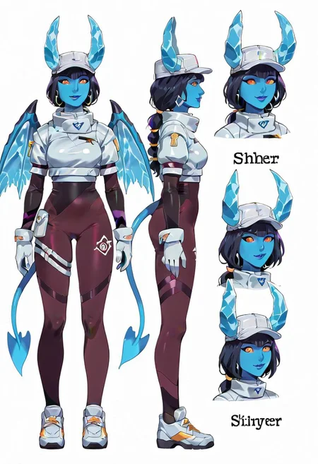score_9, score_8_up, score_7_up,
1girl, (cute), petite, medium breast, shiver, blue skin, wings, horns, hat, tail, perfect eyes, clothed, white background, empty void,
character sheet style picture,
