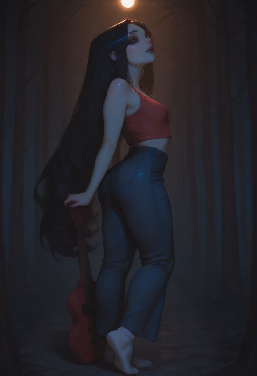 Cartoon art, Adventure Time, Marceline, vampire, medium grey skin, long back hair flip to the left side, wearing crop top tank red shirt and dark blue jeans and white socks, red guitar strap to back shade like hammer, floating, woods in the background,  
 <lora:HotGloss_IL_Style:0.6>, 6l005, HANA4