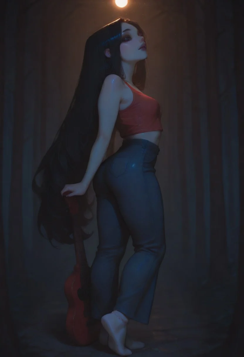 Cartoon art, Adventure Time, Marceline, vampire, medium grey skin, long back hair flip to the left side, wearing crop top tank red shirt and dark blue jeans and white socks, red guitar strap to back shade like hammer, floating, woods in the background,
<lora:HotGloss_IL_Style:0.6>, 6l005, HANA4