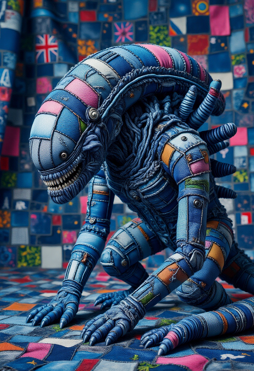 <lora:Denim_Dreamer_FLUX-000021:0.9>  
The image is a CGI rendering of a xenomorph designed to resemble a patchwork quilt made from denim fabric, complete with a whimsical, surreal space station aesthetic.