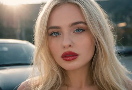UHD, 8K, ultra detailed, a cinematic photograph of (EuroBabe, blonde, Eastern, blue eyes, in car, lipstick), beautiful lighting, great composition