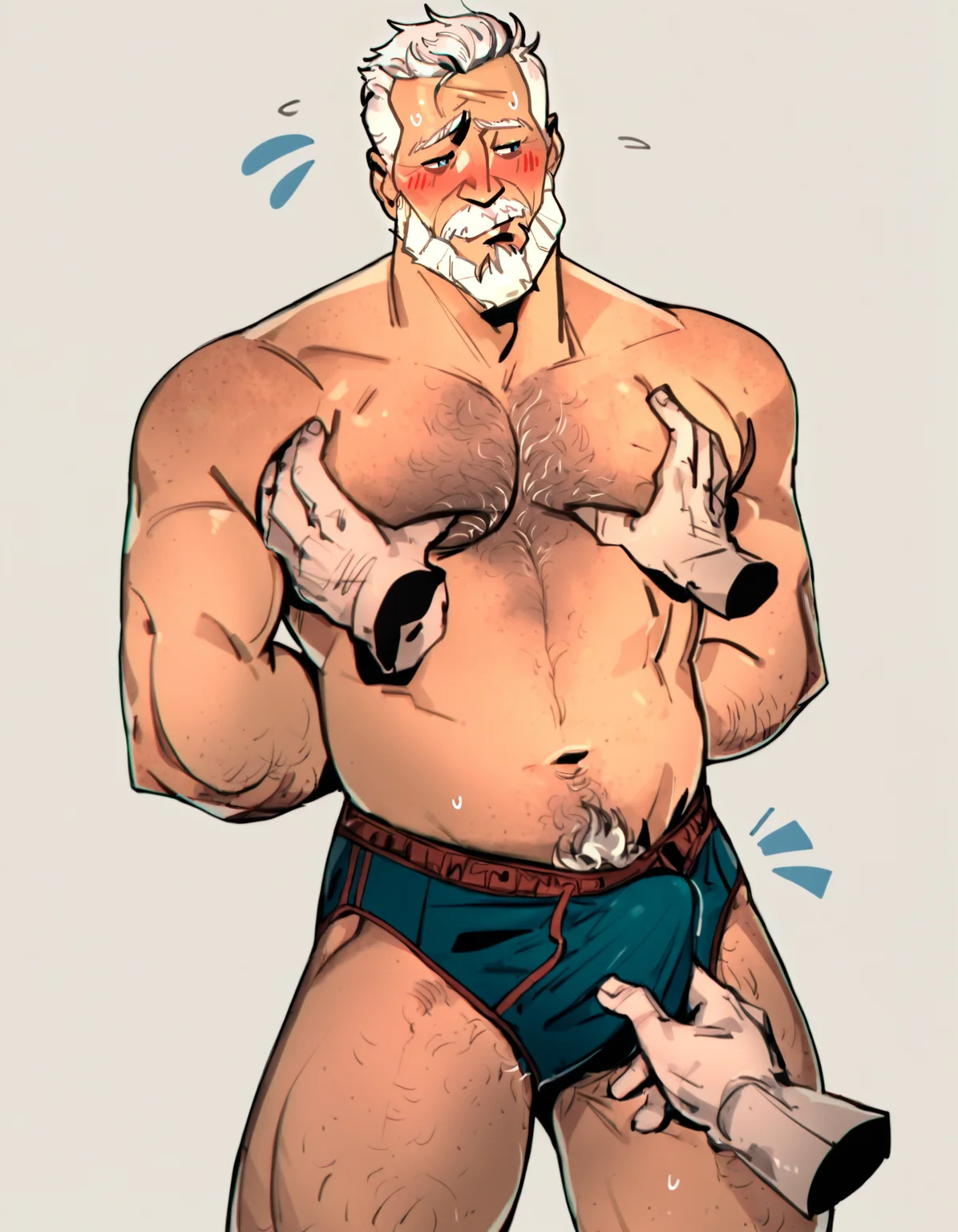 absurdres, hires, score_9, score_8_up, score_7_up, score_6_up, score_5_up, score_4_up, rating_explicit, rating_questionable, detailed man face, 1boy, solo, male focus, mature male, old man, white hair, thick mustache, beard, open mouth, teeth, plump, belly, abs, completely nude, large pectorals, chest hair, navel hair, pubic hair, erection under clothes, feet out of frame, thick thighs, thick arms, half-closed eyes, blue eyes, blush, flying sweatdrops, looking to the side, arms behind back, (disembodied limbs:1.2), pectoral grab, grabbing, briefs