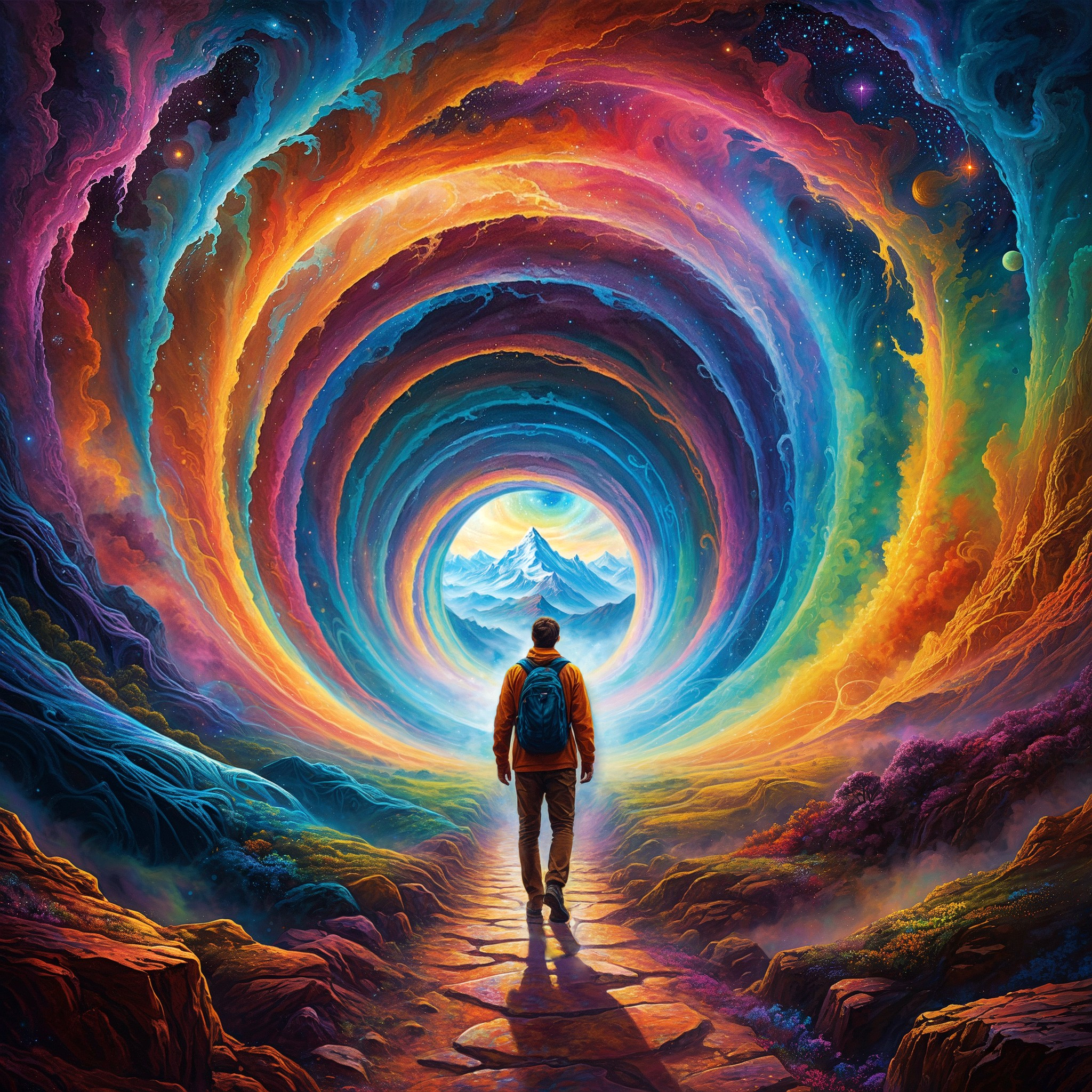 Abstract colourful painting of a man walking through a tunnel in space time, swirls of colourful misty space fog, swirls and glimpses of other places and dimensions, with a mountain in the background, psytrance artwork, progressive rock album cover, beautiful avatar pictures, cryptocurrency in the background, entering the mind maze, beautiful render of a fairytale, creation