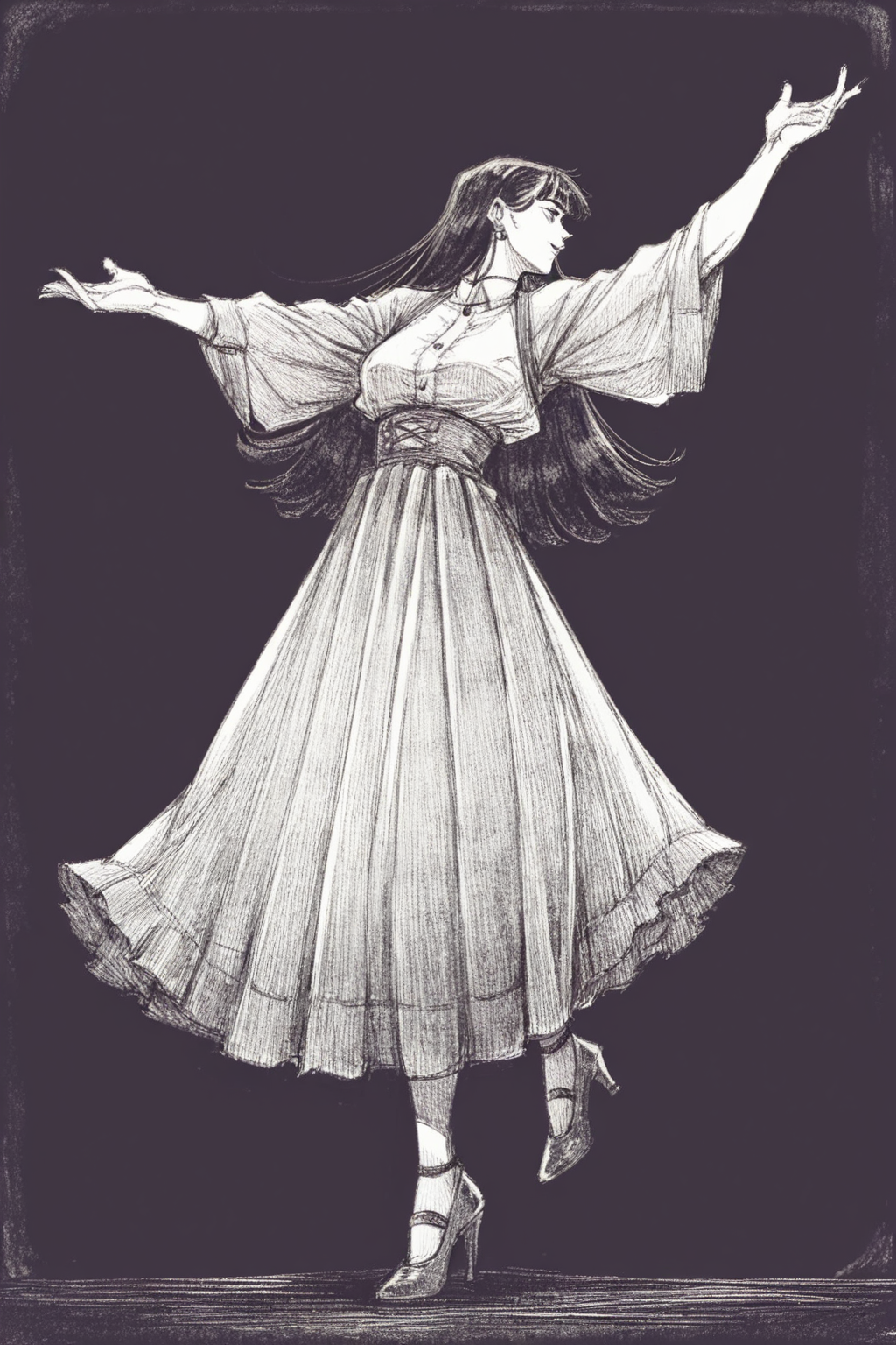 score_9, score_8_up, score_7_up, 1girl, black hair, long hair, solo, solo focus, cowboy shot, simple background, (black background:1.5), monochrome, greyscale, dark  Balancing on tiptoes with arms outstretched BREAK p65fn <lora:ruffct:1>
