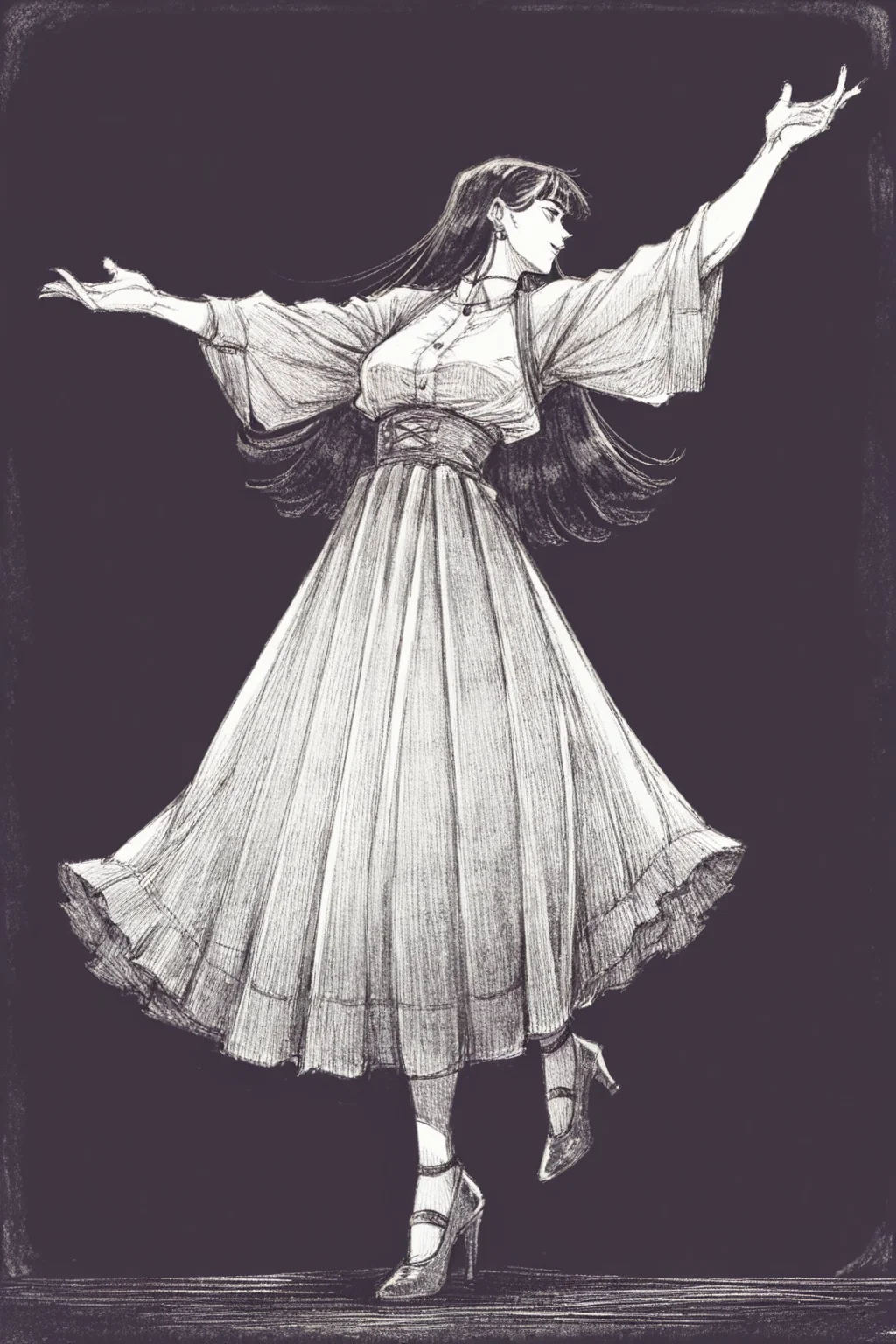 score_9, score_8_up, score_7_up, 1girl, black hair, long hair, solo, solo focus, cowboy shot, simple background, (black background:1.5), monochrome, greyscale, dark Balancing on tiptoes with arms outstretched BREAK p65fn <lora:ruffct:1>