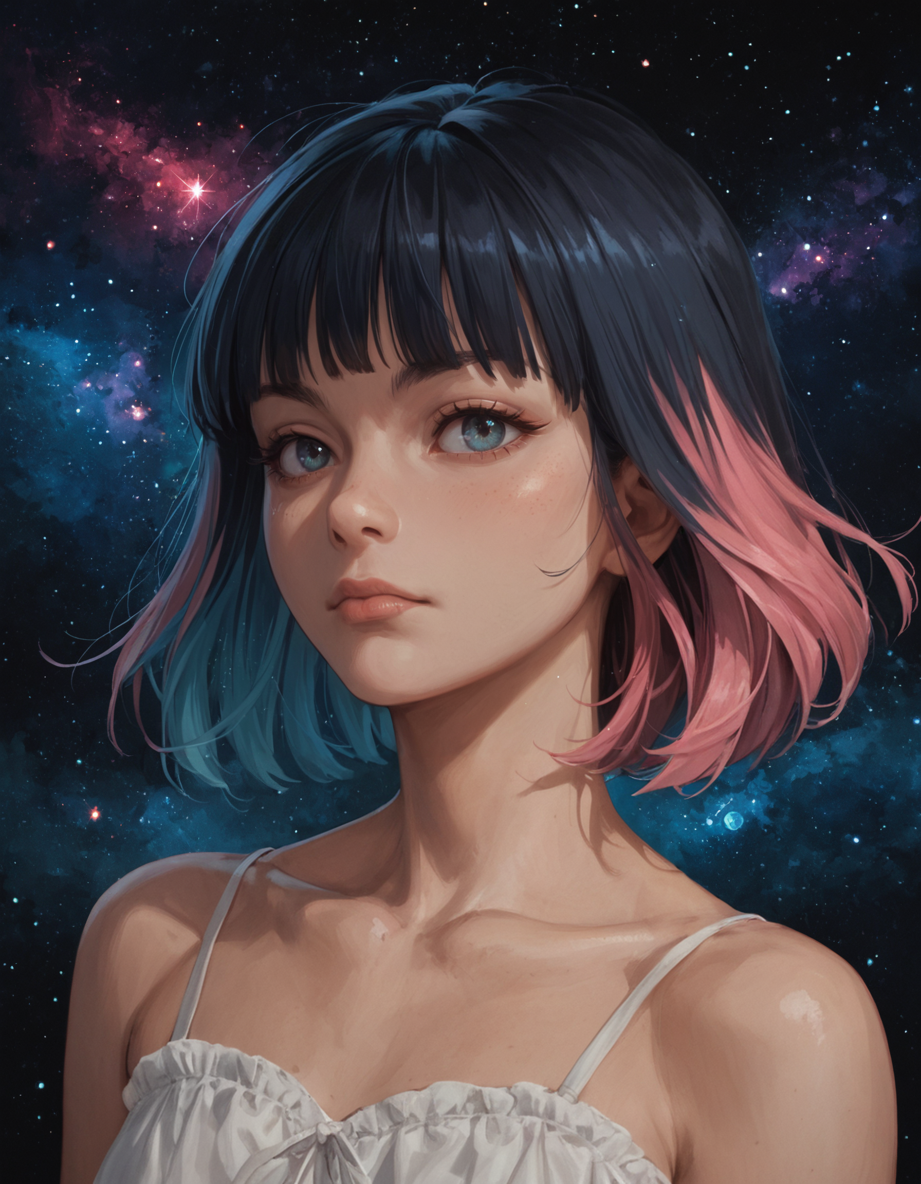 score_9, score_8_up, score_7_up, score_6_up, score_5_up, 1girl, portrait,  multicolored hair, fringe, bare shoulders, upper body, cosmic, collarbone,
