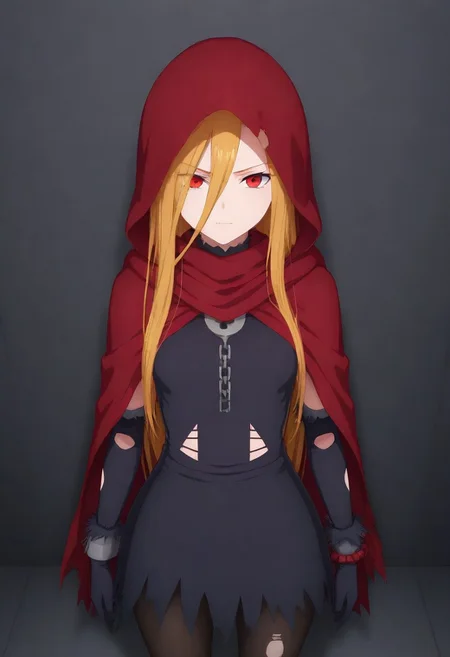masterpiece, best quality, amazing quality,,, shiny skin,,,,,, <lora:Evileye:1> N4rb3r4lG4mm4, red eyes, blonde hair, very long hair, hair between eyes, torn clothes, hood, pantyhose, black dress, gloves, chain, hooded cloak, shackles,