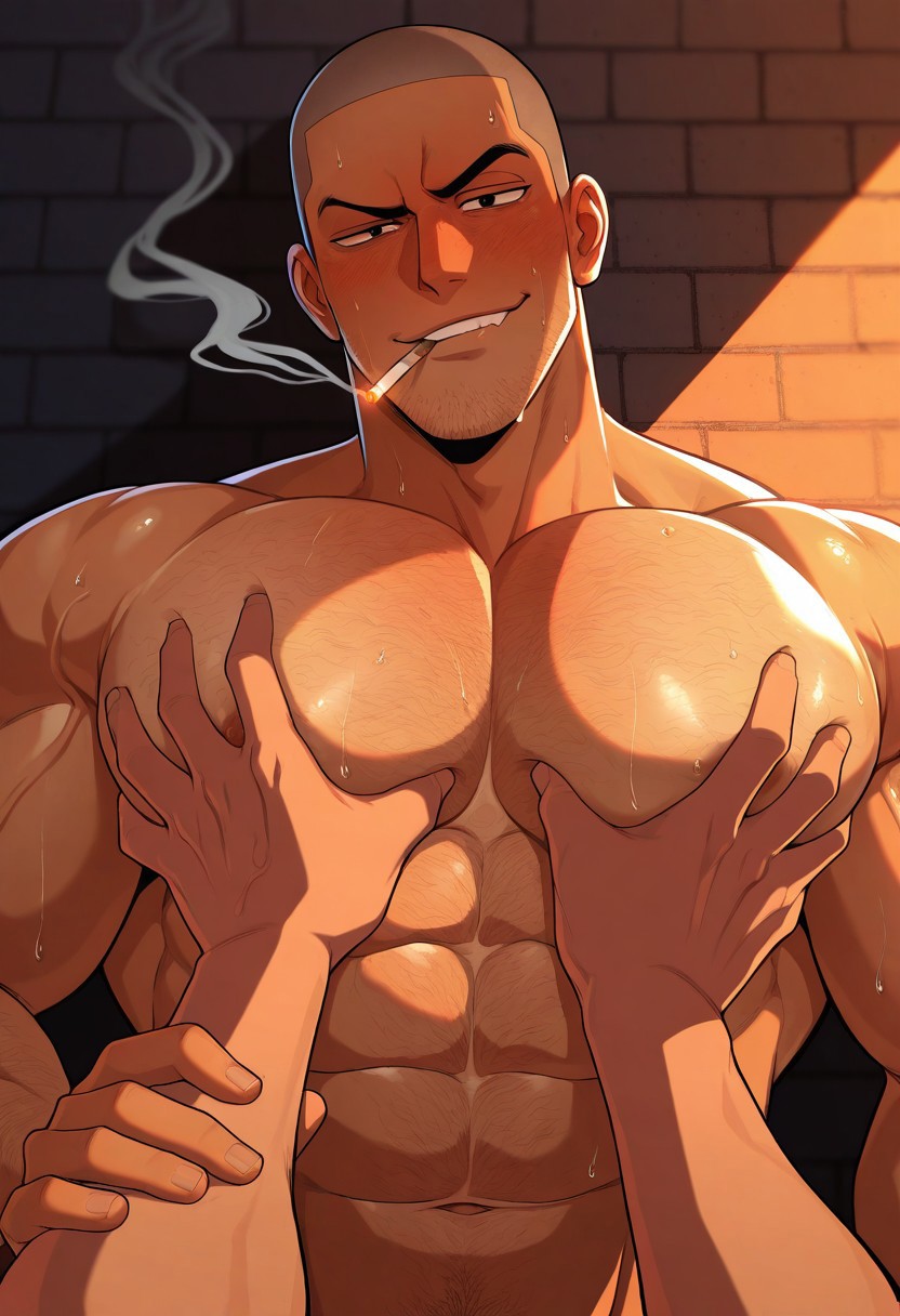 masterpiece, best quality, absurdres, newest, perfect quality, best quality, absolutely eye-catching, detailed background, intricate details, male, bara, delinquent, thug, shirtless, very hairy chest, side perspective, back against brick wall, sunset, stubble, tan skin, buzzcut, upper body, looking at viewer, rim lighting, dim lighting, smirk, smoking, sweat, blush, lip bite, horny and lustful, pov grabbing pectorals, (holding viewer's hand), viewer grabbing his pecs, toned body, invitation