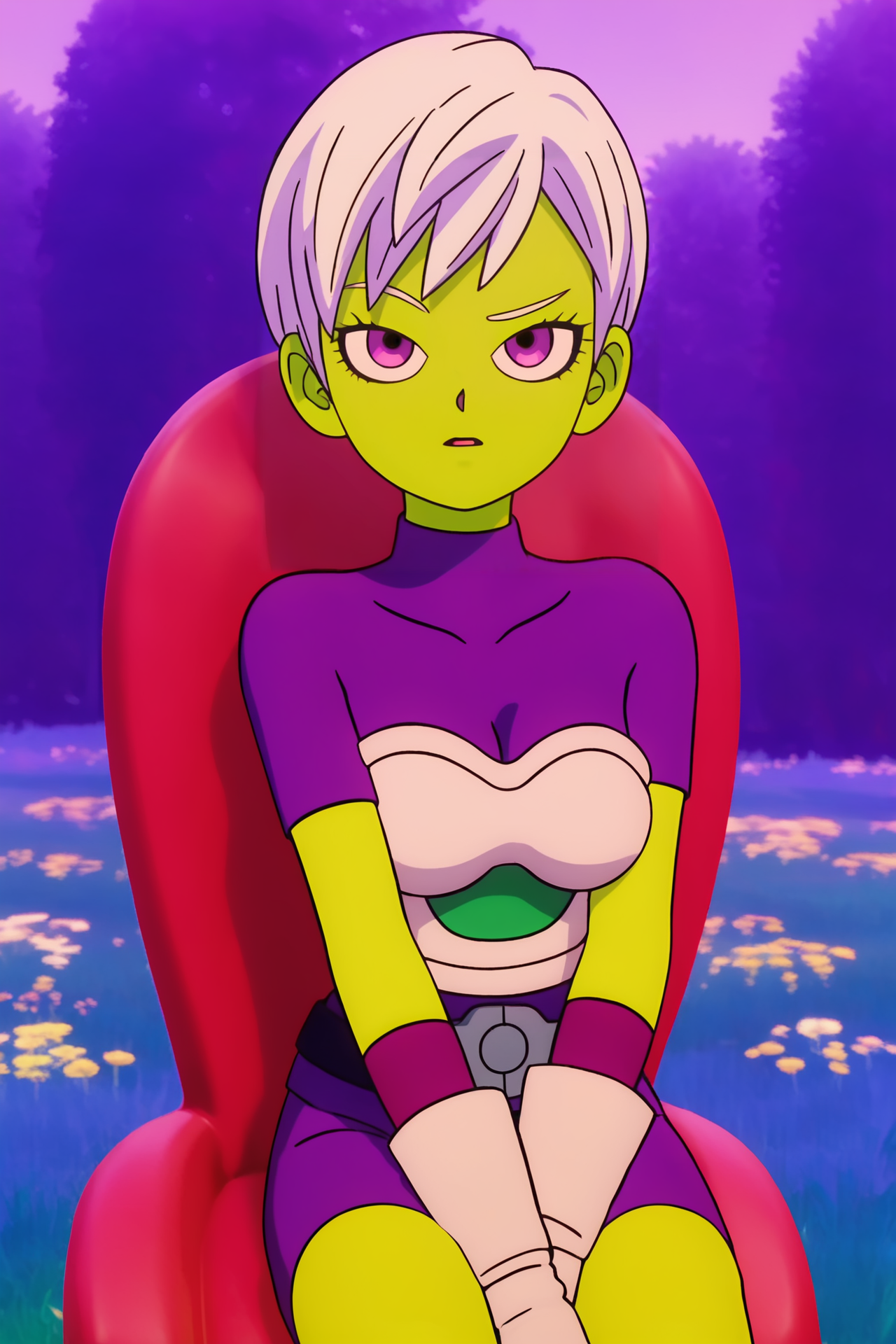 source_anime, score_9, score_8_up, score_7_up, anime screencap, absurdres,
cheelai, 3d animation, 1girl, solo, breasts, short hair, raised eyebrow, purple eyes, eyelashes, white hair, colored skin, green skin, strapless, saiyan armor, skin tight, collarbone, undershirt, short sleeves, purple shirt, purple wristband, white gloves, tree, red chair, sitting on chair, field, night, flower, looking at another, upper body
 <lora:cheelai_pony_v1:0.8>