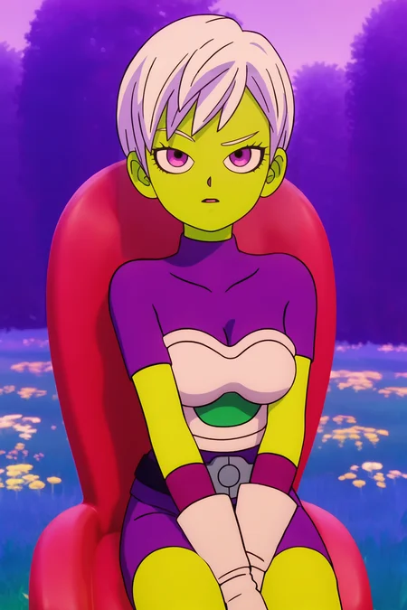 source_anime, score_9, score_8_up, score_7_up, anime screencap, absurdres,
cheelai, 3d animation, 1girl, solo, breasts, short hair, raised eyebrow, purple eyes, eyelashes, white hair, colored skin, green skin, strapless, saiyan armor, skin tight, collarbone, undershirt, short sleeves, purple shirt, purple wristband, white gloves, tree, red chair, sitting on chair, field, night, flower, looking at another, upper body
 <lora:cheelai_pony_v1:0.8>