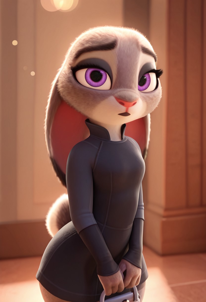 masterpiece, best quality, absurdres, highres, high quality, highly detailed, amazing quality, detailed background, 3d, photorealistic, (bokeh:1.3), official art, Hoovesart, 3d, gloss_(hotglossed), 
solo, (shortstack:1.5), JudyHopps, solo, furry female, rabbit girl, rabbit ears,( ears down:1.5), JudyH,1girl,solo,furry female,rabbit girl,rabbit ears,purple eyes,animal nose,body fur,two-tone fur,grey fur,white fur,rabbit tail, small breasts, wide hips, black eyeshadow, black lipstick, two-tone fur, grey fur, white fur, rabbit tail, close-up, cowboy shot, 
little black dress, tight dress, looking at viewer, stoic demeanor, holding small purse, front view, standing, legs together, , , , indoors, palace hallway, well-lit, fill light, (close-up:1.5), closeup,