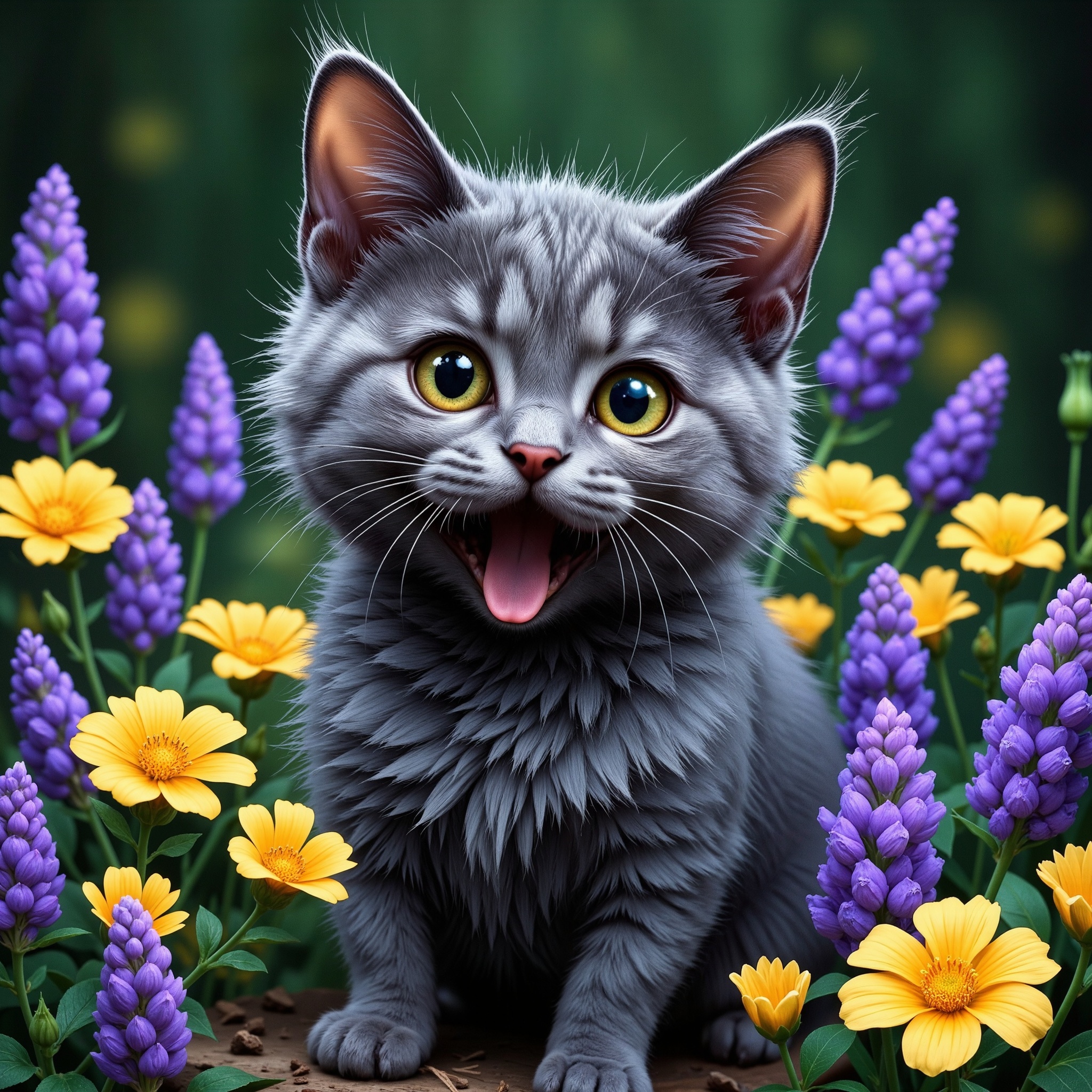 A whimsical illustration of a grey cat with spiky fur in dark whimsical art style, standing among lavender and yellow flowers, digital painting with expressive brushstrokes showing textured fur, dark green background, characteristic Tim Burton inspired design with huge round eyes and pink nose