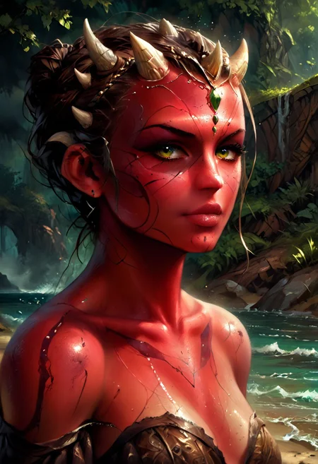 Dathomirian Zabrak alien, small white horns, red skin, Luminous eyes looks at the camera,
Beautiful picture of the character, character portrait, character portrait, 🤤 character art, epic portrait illustration, Details character portrait, neo-artcore and high quality portrait, fantasy concept art portrait, detailed matte fantasy portrait, charlie bowater art style, Detailed beautiful portrait, fantasy art portrait, mythp0rt
oil painting, dark, chiaroscuro, low-key
