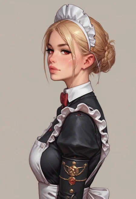 from front, (((side view))), 1girl, illustration, comic style, looking at viewer, highly detailed,
RosieTJ, 1girl, robot girl, metal body, red eyes, red buttons, wheels, white maid cap, white collar, white cuffs, white hip apron, black skirt, female
((full-clothed)),
BREAK
dynamic pose <lora:Cherry-Gig:0.55> ((((full-clothed)))),
BREAK
((rest room background))) score_9, score_8_up, score_7_up, score_6_up, source_cartoon, rating_explicit, Expressiveh, (((((upper body))))), dynamic pose