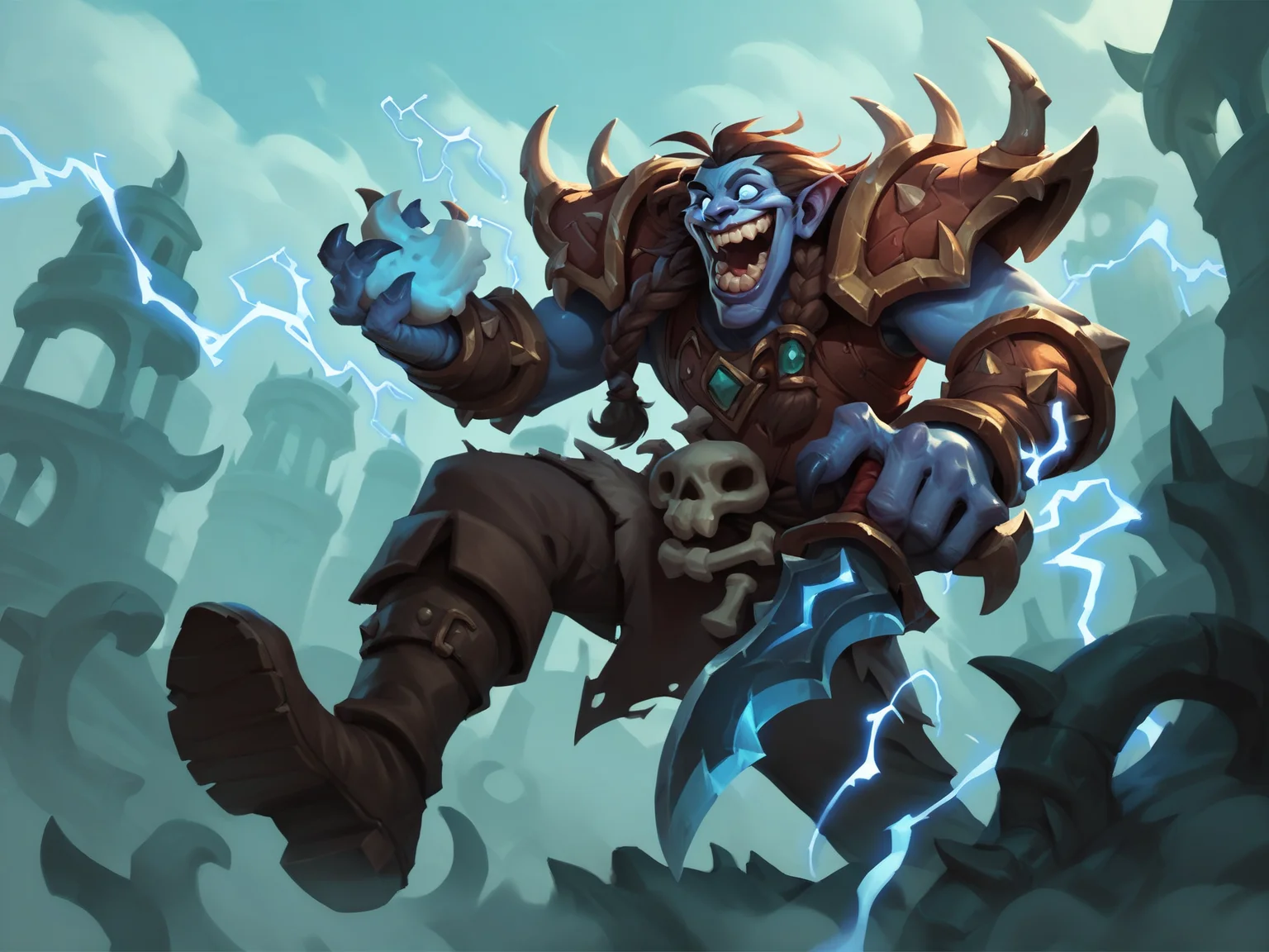 adult man, blue skin, bone, boots, braid, brown hair, claws, electricity, fog, food, grin, holding, male focus, open mouth, outdoors, pants, shoulder armor, sky, solo, spikes, teeth, weapon, <lora:HearthstoneMerge2:0.8>, score_9, score_8_up, score_7_up, score_6_up