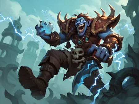 adult man, blue skin, bone, boots, braid, brown hair, claws, electricity, fog, food, grin, holding, male focus, open mouth, outdoors, pants, shoulder armor, sky, solo, spikes, teeth, weapon, <lora:HearthstoneMerge2:0.8>, score_9, score_8_up, score_7_up, score_6_up