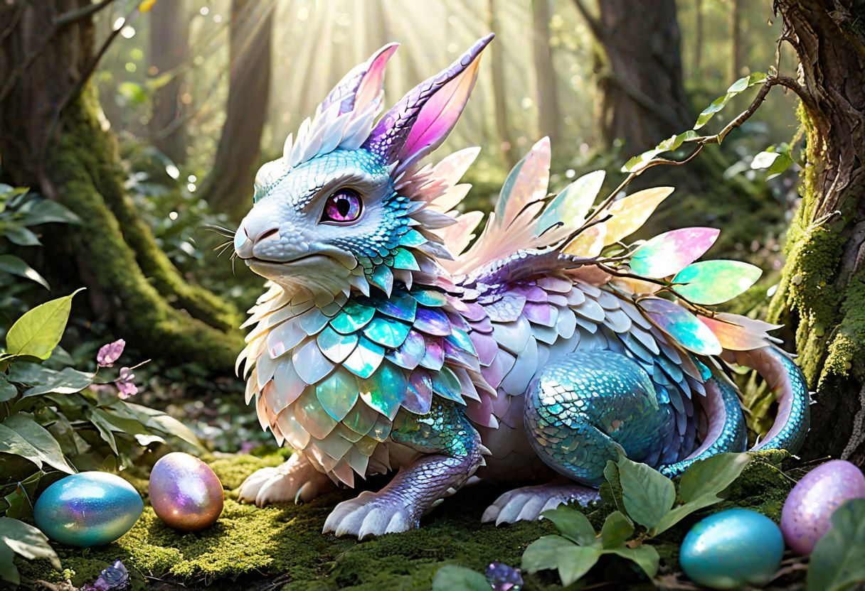 Easter Bunny Dragon, majestic, scales like (pastel Easter eggs:1.2), fluffy feathery tail, gleaming jewel-like egg hoard, iridescent scales, whimsical forest glade, sunbeams dappling through leaves, mischievous expression