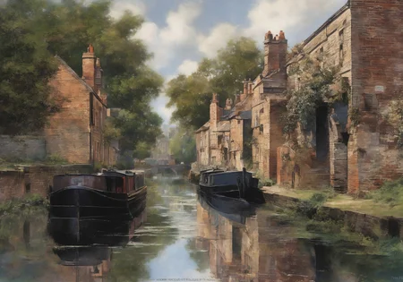 Parrish, Yorkshire canal, canal boat docked at water’s edge, gently rippling water, canal banks dotted with lush trees, traditional Yorkshire industrial buildings, weathered brick facades, vintage chimneys, rustic charm, nostalgic, cinematic lighting, ultra-detailed, hyper-realistic, serene atmosphere, early morning mist, reflective water, high resolution