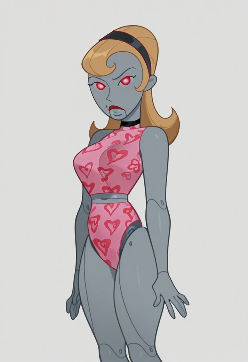 solo, Heart stamped leotard, kpbebe, robot joints, gray skin, looking at viewer, blank background, large breasts, well endowed