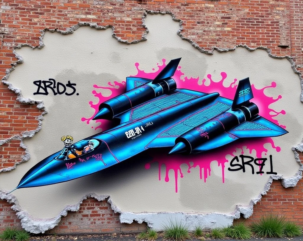 <lora:sr-71-blackbird-flux-d:1.6> SR-71_Blackbird
A bold graffiti mural of the SR-71_Blackbird stretches across a crumbling brick wall, its silhouette outlined in neon spray paint and stylized with jagged abstract flames. Vibrant colors clash and drip around the jet’s form — cyan, magenta, black and chrome. Tags and stencils surround the image, and a cartoon skull in a pilot’s helmet grins from the cockpit. Captured with a handheld tilt, the camera frames it like an underground street photography shot. Energetic, rebellious, and raw.
<lora:zy_Realism_Enhancer_v2:1.5> depth of field
