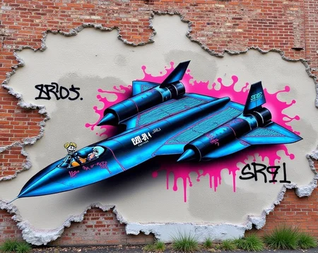 <lora:sr-71-blackbird-flux-d:1.6> SR-71_Blackbird
A bold graffiti mural of the SR-71_Blackbird stretches across a crumbling brick wall, its silhouette outlined in neon spray paint and stylized with jagged abstract flames. Vibrant colors clash and drip around the jet’s form — cyan, magenta, black and chrome. Tags and stencils surround the image, and a cartoon skull in a pilot’s helmet grins from the cockpit. Captured with a handheld tilt, the camera frames it like an underground street photography shot. Energetic, rebellious, and raw.
<lora:zy_Realism_Enhancer_v2:1.5> depth of field