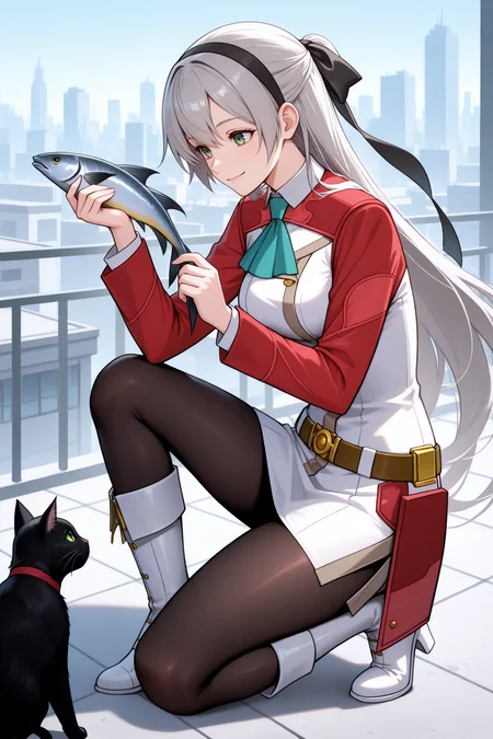 masterpiece, best quality, 1girl, solo, <lora:elie-illu-nvwls-v1-000006:1> zrelie, grey hair, long hair, half updo, green eyes, black hairband, hair ribbon, white and red uniform, white dress, aqua ascot, brown belt, black pantyhose, white boots, black cat, from side, rooftop, city, looking at cat, smile, on one knee, holding fish, railing, happy