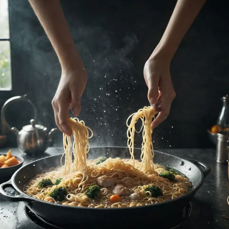 Create a vivid description for an image capturing two cyborg hands reaching from above, taking the cooking noodles Out of the pott below. The heat rays cause the surrounding water to bubble and foam, creating a mesmerizing scene of celestial interaction with the food.
a neon-pastel kitchen landscape, photorealistic