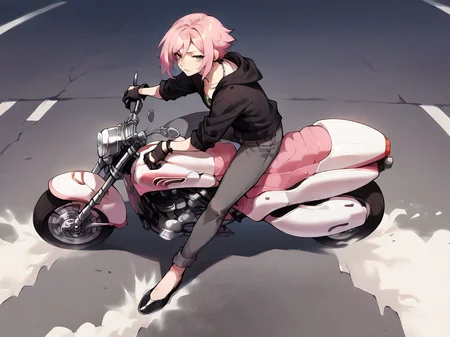 score_9, score_8_up, score_7_up, score_6_up, score_5_up, <lora:AkiraslideXLP2:0.7> akira slide, ground vehicle, motor vehicle, pink hair, motorcycle, gloves, solo, hood, black gloves, pants, green eyes, black footwear,