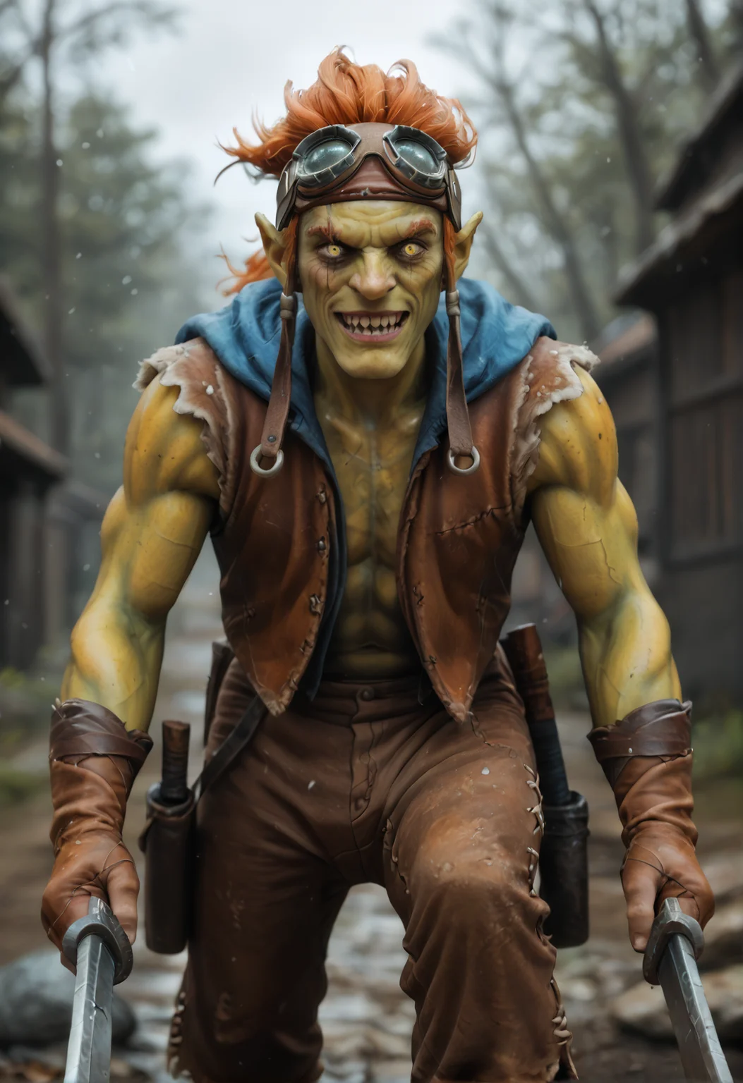 <lora:batrider_v3:0.8> batrider_v3
1boy, yellow skin, green skin, green legs, green face,
pointy ears,
colored skin,
teeth, sharp teeth,
orange hair,
yellow eye, scar on eye,
gloves, goggles, goggles on head,, brown long shorts, score_9, score_8_up, score_7_up, score_6_up, derpibooru_p_95,
detailed eyes, beautiful, detailed background, perfect eyes,
blur censor, blurry, blurry background, blurry foreground, bokeh, motion blur,
chromatic aberration, depth of field, figure, focused, focus
photography, realistic sun light and shadows, photorealism, UHD --ar 9:16 --style raw --stylize 700,
solo,
winter, A group of Viking warriors is battling a LoRa . The warriors, dressed in fur and leather, are attacking the giant with swords and axes. more giants looming in the distance.the background is filled with ice and snow,, The scene is dynamic and filled with motion,
