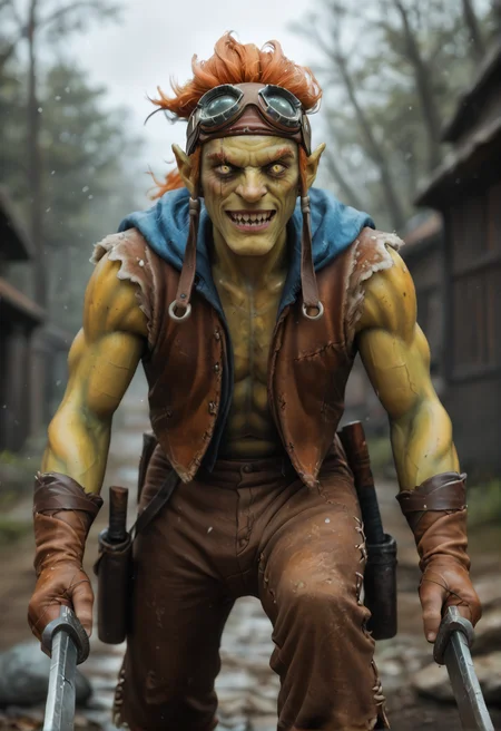 <lora:batrider_v3:0.8> batrider_v3
1boy, yellow skin, green skin, green legs, green face,
pointy ears,
colored skin,
teeth, sharp teeth,
orange hair,
yellow eye, scar on eye,
gloves, goggles, goggles on head,, brown long shorts, score_9, score_8_up, score_7_up, score_6_up, derpibooru_p_95,
detailed eyes, beautiful, detailed background, perfect eyes,
blur censor, blurry, blurry background, blurry foreground, bokeh, motion blur,
chromatic aberration, depth of field, figure, focused, focus
photography, realistic sun light and shadows, photorealism, UHD --ar 9:16 --style raw --stylize 700,
solo,
winter, A group of Viking warriors is battling a LoRa . The warriors, dressed in fur and leather, are attacking the giant with swords and axes. more giants looming in the distance.the background is filled with ice and snow,, The scene is dynamic and filled with motion,