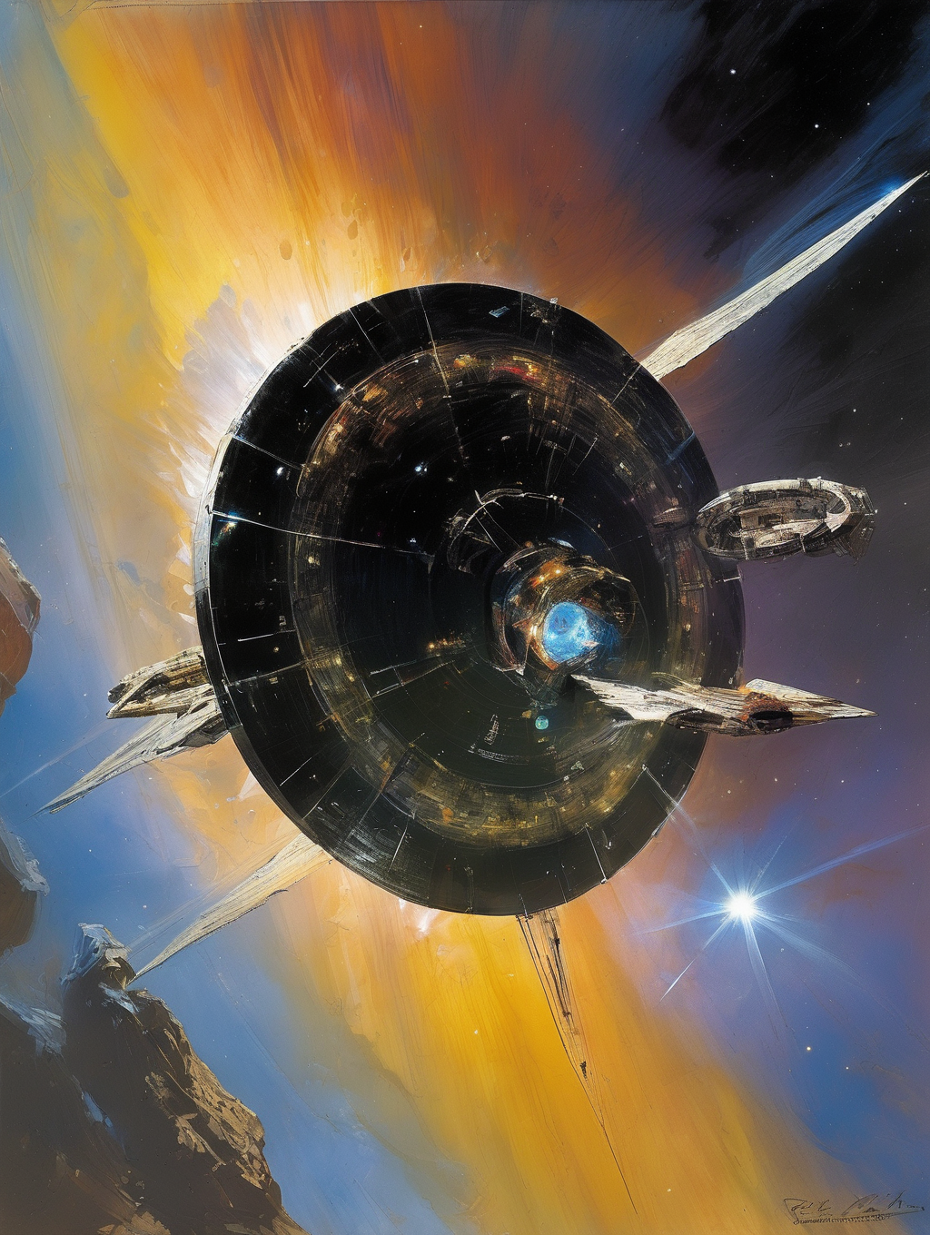 <lora:John Berkey Style:1>John Berkey Style - orbus 1231 interplanetary vessel disc with flimaent gossimer wings of solar sail in a gorgeous nebula by John Berkey