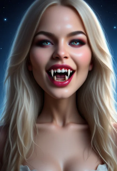 concept art, realistic, 1girl, ((solo:1.8)), 18 years old.
Gorgeous sexy female. Beautiful feminine face,
VampFang, Fangs