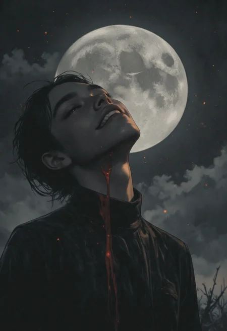 In a hauntingly beautiful, cinematic image, a terrifyingly sexy yet lethal suave vampire is depicted with an ethereal, otherworldly charm. The subject of the image has his head cocked sideways and wears a wicked smile that reveals his sharp vampire fangs. He exudes conventionally good looks and attractiveness while dripping deep red blood down his chin and fangs. His eyes are mesmerizing glowing amber orbs, contrasting sharply against his pale skin. The scene is illuminated by soft, muted lighting that casts dramatic shadows, emphasizing the vampire's sharp edges and creating a subtle play of light scattering, gentle highlight diffusion, and moody lighting effects. Backlighting enhances the image's atmosphere while swirling dust particles are highlighted in an atmospheric bloom around his terrifying visage. The background is deep greys and blacks with viridian undertones, featuring a full moon as its central focus. A subtle blend of supernatural allure and artistry showcases both the vampire's lethal capabilities and unnerving appeal in this chilling yet hauntingly beautiful image., <lora:It's a LoRA for portraits, BUT! actually specialized in backgrounds. v1.0:0.5>,<lora:OBååå®èåç»V2.0:0.48> OBxiaoxiang,<lora:Anime v1.3:0.3>,<lora:polaroid_v2.0:0.77> polaroid style, photo-fen, film grain,, <lora:FluxF4ngs:1.0>